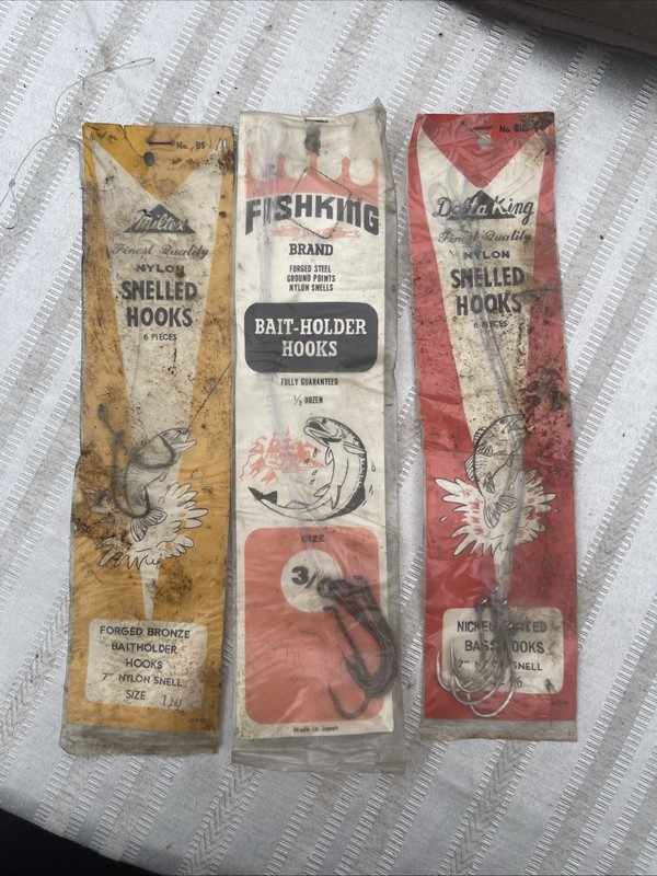Lot of 3 Vintage Pack of Snelled Hooks  Nickel Plated Forged Bronze Forged Steel