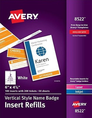 Name Badge Insert Refills - Vertical Style Cardstock 6x4-1/4in White 100/BX