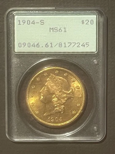 1904-S $20 GOLD LIBERTY DOUBLE EAGLE Classic Coin Graded by PCGS MS61 OGH: 10369