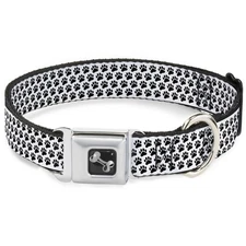 Dog Collar Bone Paw Print White/Black WIDE-Medium 16-23"