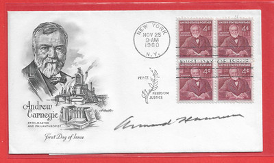 Armand Hammer Businessman & Philanthropist SIGNED Andrew Carnegie FDC-60 SHARP!