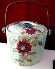 Ceramic Floral Basket weave Bucket/Biscuit Jar lid rattan handle Japan — photo 1