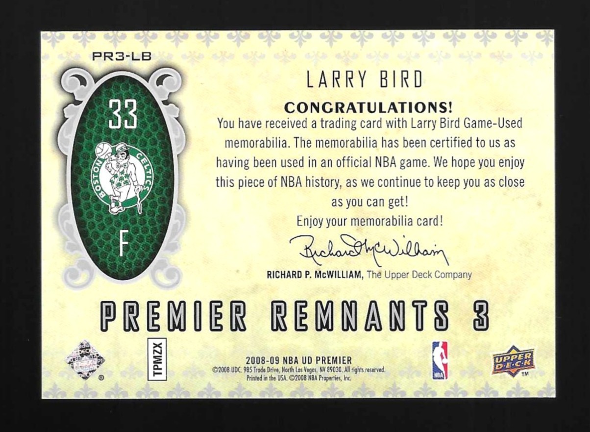 Larry Bird 2008-09 UD Premier Triple Jersey Patch Game Used #22/25 Celtics HOF view 2