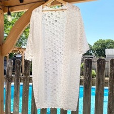 AERIE Lacey Crochet Chunky Knit Cardigan Open-Front Short Sleeve O/S White