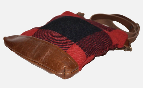 Vintage NAN-MADE Small Red & Black Plaid Wool & Tan Leather PUP Crossbody 9x7 - Picture 9 of 9