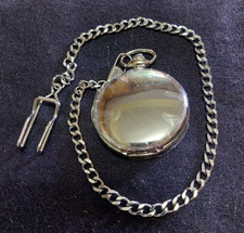 Pocket Watch w/Chain Silver Toned w/Arabic Numerals - Civil War Reenactor Nice 