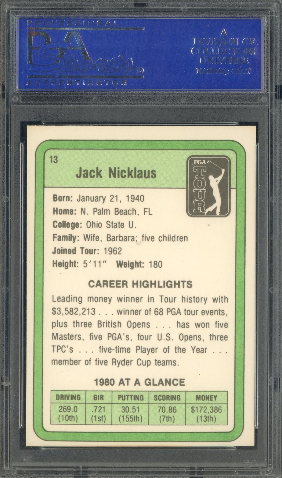 1981 Donruss Golf #13 Jack Nicklaus RC Rookie PSA 9 MINT (OC) view 2