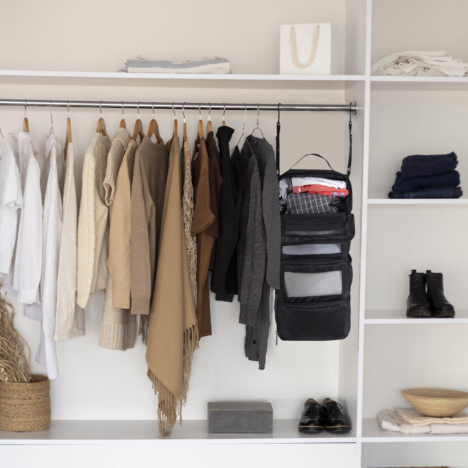 Hanging Suitcase Organizer, Portable Travel Shelves Collapsible Packing Cubes