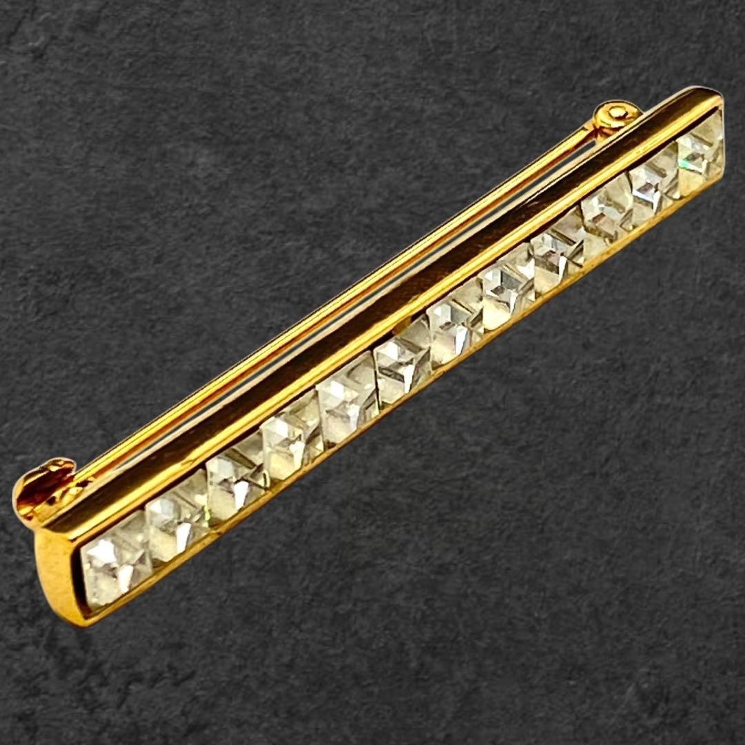 GIVENCHY Vintage Gold Bar Brooch Clear Rhinestone 5cm Signed Designer Jewelry thumbnail 3