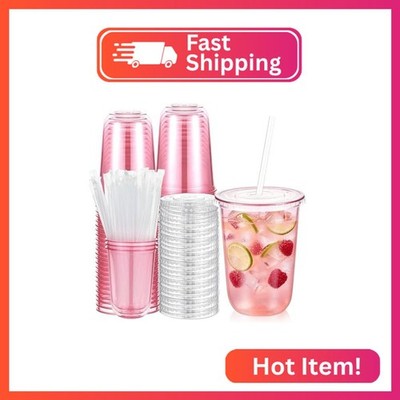 Ziliny 50 Sets 16oz Pink Plastic Cups with Lids and Straws Disposable Cups