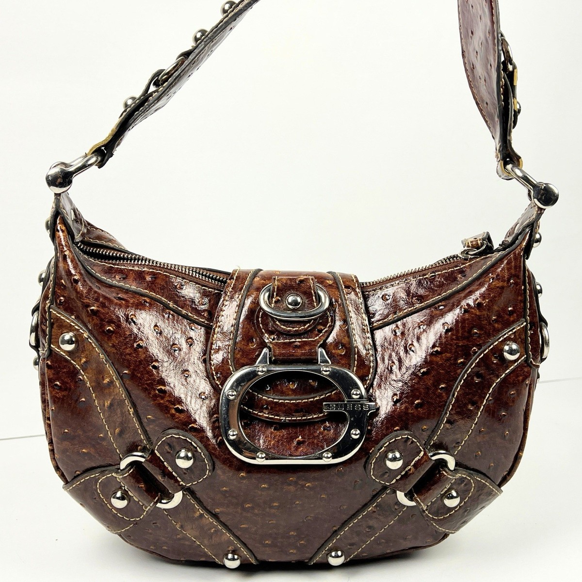 GUESS Brown Ostrich Embossed Leather Shoulder Bag Silver Logo Y2K