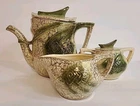 Rare MCCOY TEAPOT SET GRECIAN 24K GOLD TRIM Complete W Cream Sugar Lids MCM 1957