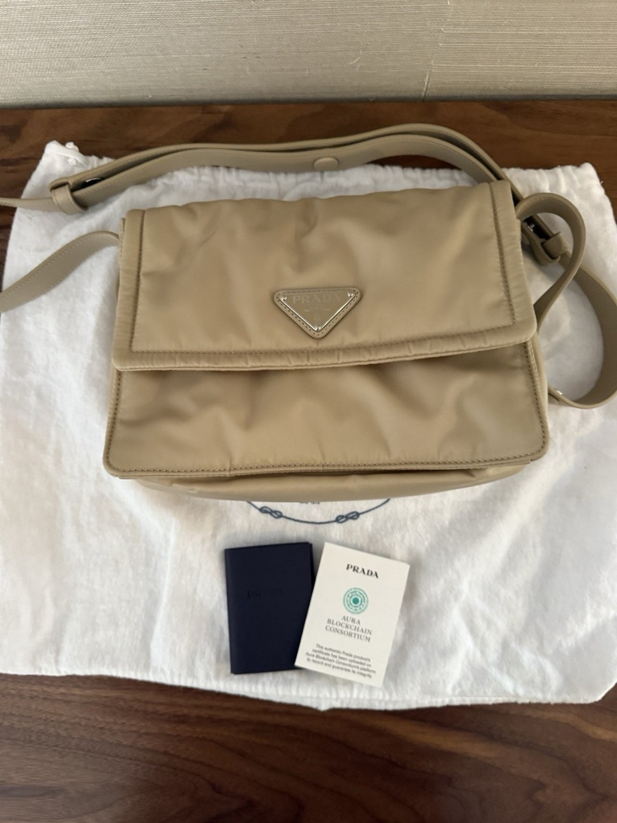 Auth. Prada Traveller small padded Re-Nylon shoulder bag - Camel