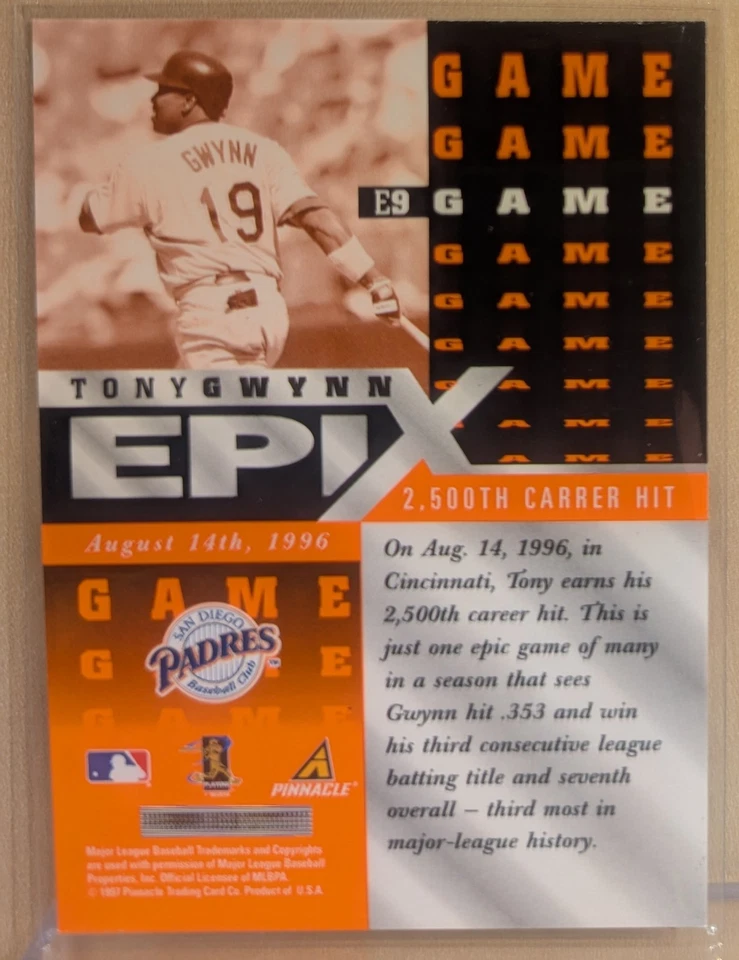 1998 Pinnacle EPIX GAME ORANGE #9 Tony Gwynn Padres Refractor HOF RARE INSERT - Image 2 of 2