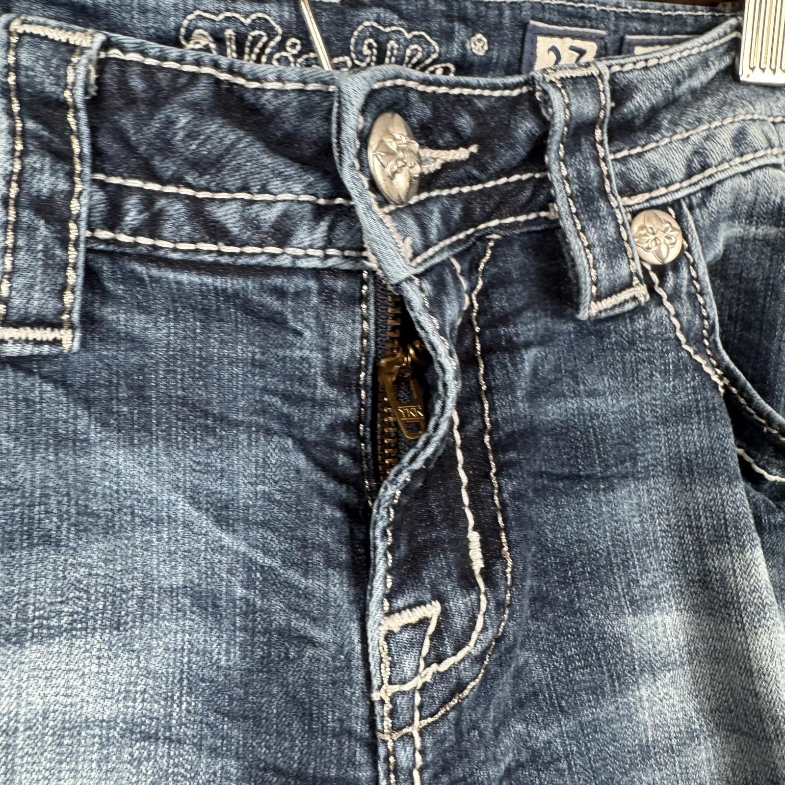 Miss Me Jeans Women 27 Blue Low Rise Standard Skinny Distressed Cross Rhinestone image 7