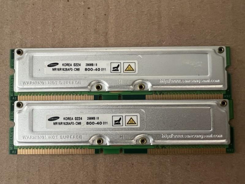 2 Matching Samsung Rambus Memory 256MB/8 MR16R1628AF0-CM8 800-40 - GRADE A