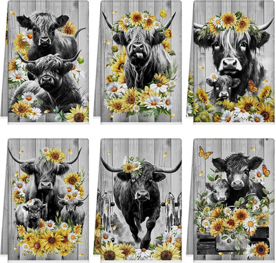 6 Pcs Highland Cow Kitchen Towels Farmhouse Cute Dish Hand Tea Towels Soft