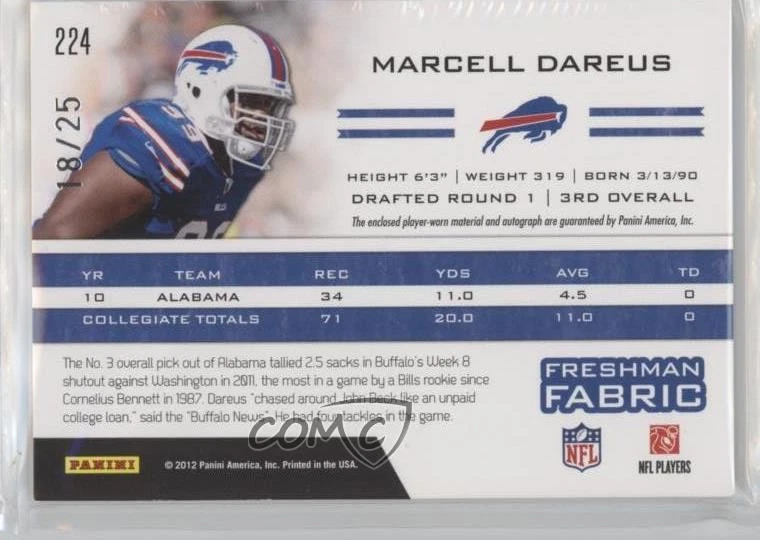 2011 Totally Certified Freshman Fabric Gold /25 Marcell Dareus Rookie Auto RC - Image 2 of 2