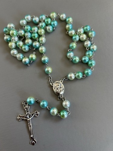 mint/aqua green rosary prayer beads Cross Crucifix necklace with Jerusalem soil