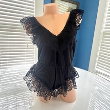 VTG 80s Bodysuit Teddy Romper ALANA GALE Black Nylon Lace Ruffle Trim Size Large