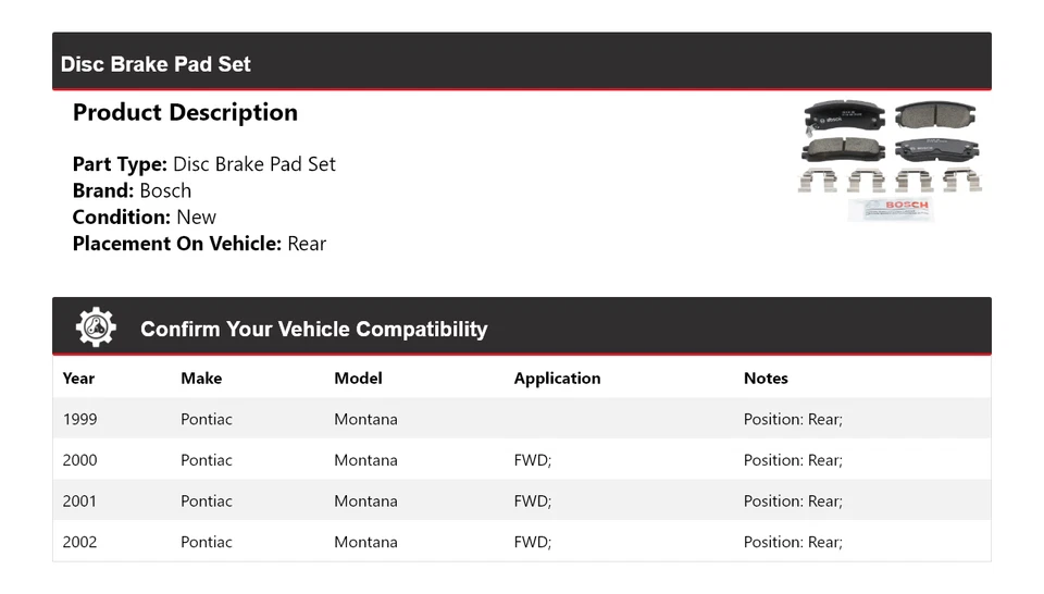 Pastilhas de freio traseiras de cerâmica para 1999-2002 Pontiac Montana Bosch QuietCast 2000 2001 - Imagem 2 de 4