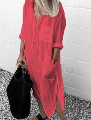 WOMENS LADIES COTTON LINEN MAXI SHIRT DRESS LOOSE BAGGY LONG SLEEVE KAFTAN DRESS - Bild 15 von 20