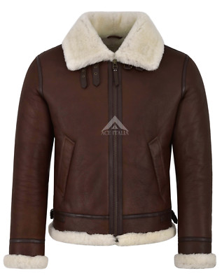 Mens B3 Shearling Sheepskin Jacket Chestnut with Ivory Fur Bomber Pilot RAF Real