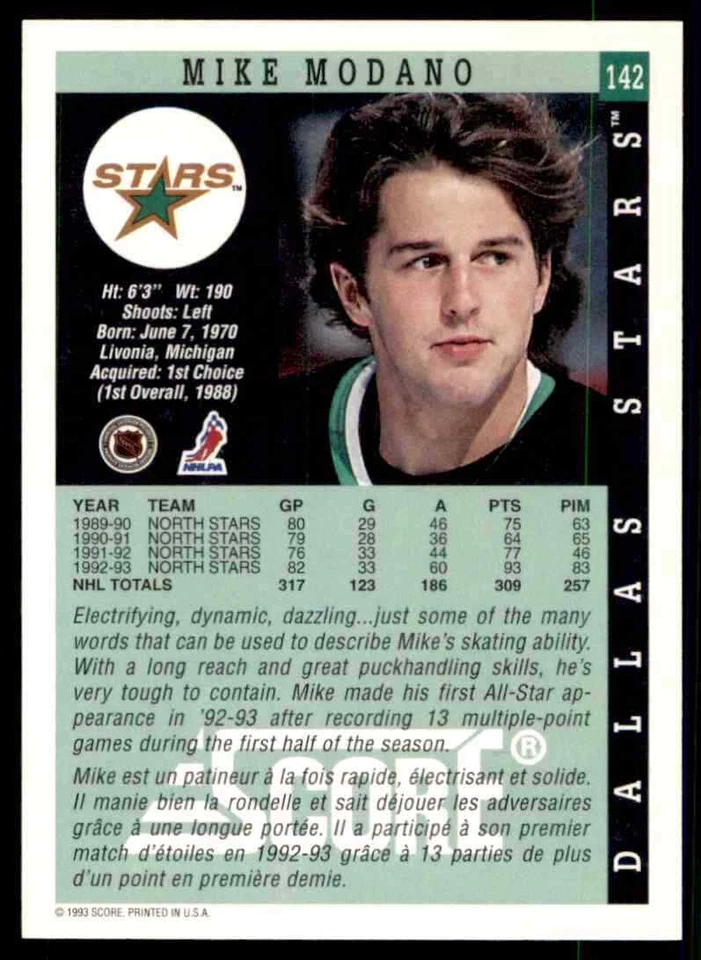 1993-94 Score Canadian Mike Modano #142 - Image 2 of 2