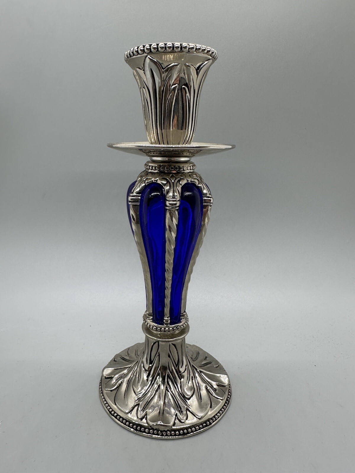 BIEDERMANN BAROQUE COBALT AND SILVER 7" CANDLESTICK NICE!