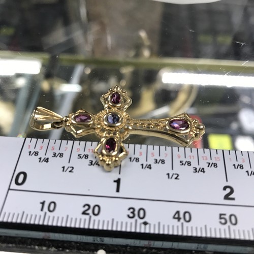 14K Yellow Gold Cross Pendant with Natural Violet And Lavender Spinel Gemstones - Picture 6 of 20