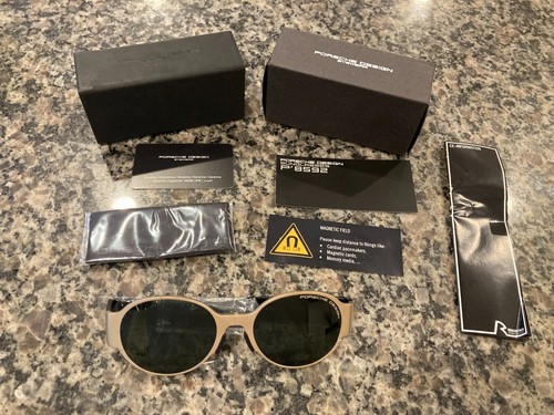 PORSCHE DESIGN NEW FOLDING SUNGLASSES P'8592 SATIN GOLD FRAME W/GREEN LENS &CASE - Picture 2 of 24