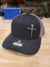 Richardson 112 3 Nails Cross Engraved USA Christian Black & Silver Trucker Hat