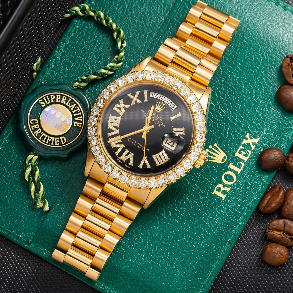 Rolex Day-Date 36mm Black Roman Dial 18K Yellow Gold Presidential