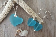 Handmade in Hawaii,"Full of Heart" sea glass necklace  earrings jewelry set,