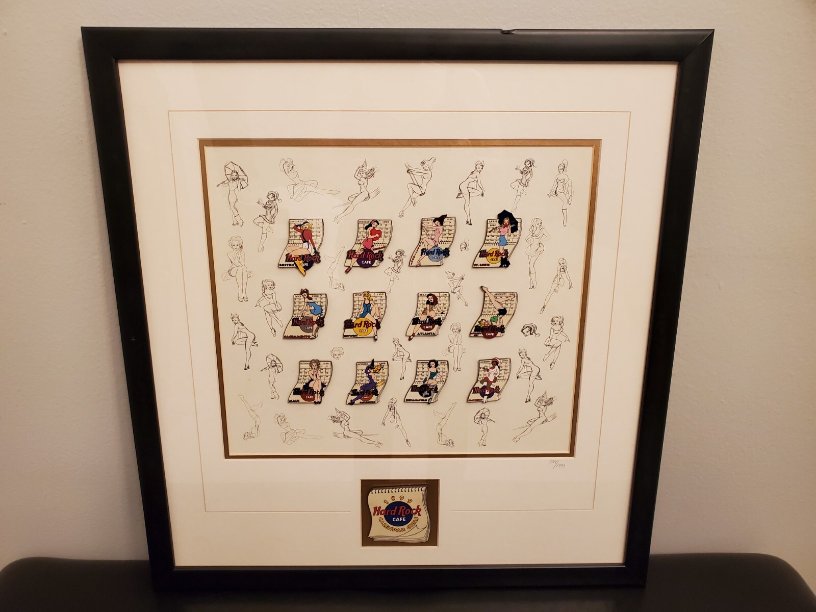 Hard Rock Cafe 1999 Calendar Girls Framed Lapel Pins Limited Edition 729/1999
