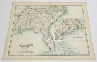 JOHNSTON United States (South Eastern Sheet) 1904 Atlas Map Colour Engraving