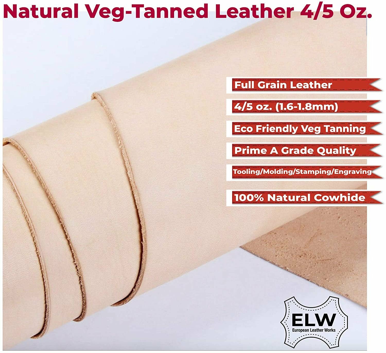 ELW 100% Veg Tan Full Grain Leather Cowhide Pre-Cut Pieces 4/5 oz. (1.6-2mm)... Wyprzedaż, okazja