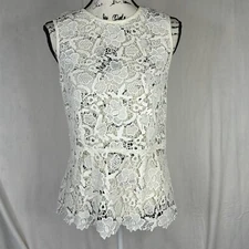 Cabi Sleeveless Top Womens Medium Open Lace Ivory Tank  Zipper Back 100% Cotton