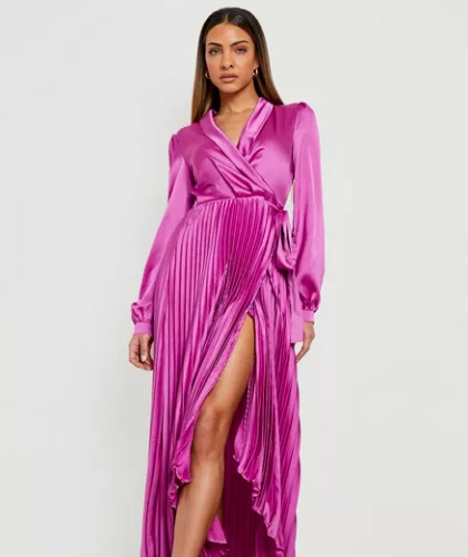 Boohoo Occasion Satin Pleated Maxi Dress Purple Plunge Neck