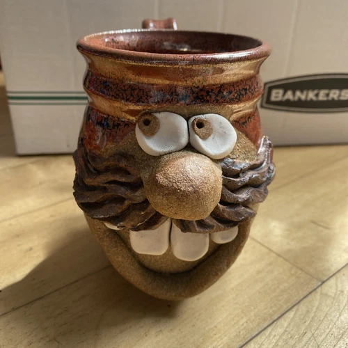 Vintage Handmade Stoneware Art Pottery Ugly Face Funny 3D Mug