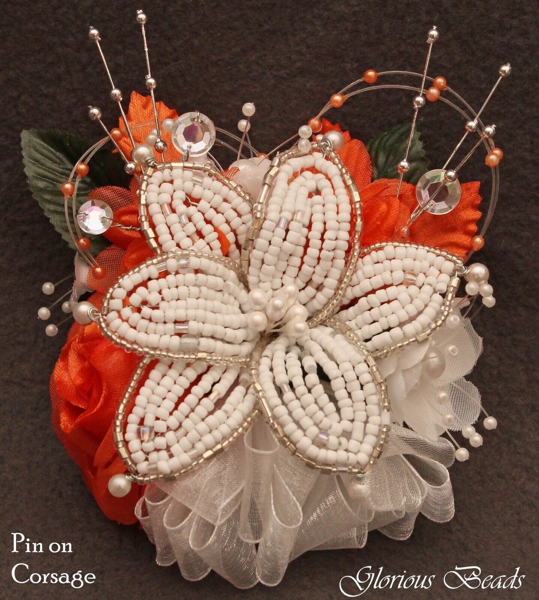 Corsage Orange Beaded Lily, Silk Roses, Beads Rhinestones