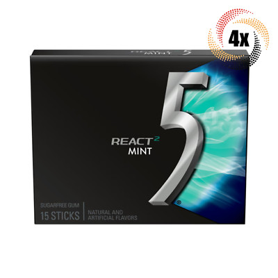 4x Packs | 5 Gum React 2 Mint Flavor | 15 Sticks Per Pack | Sugar Free Gum