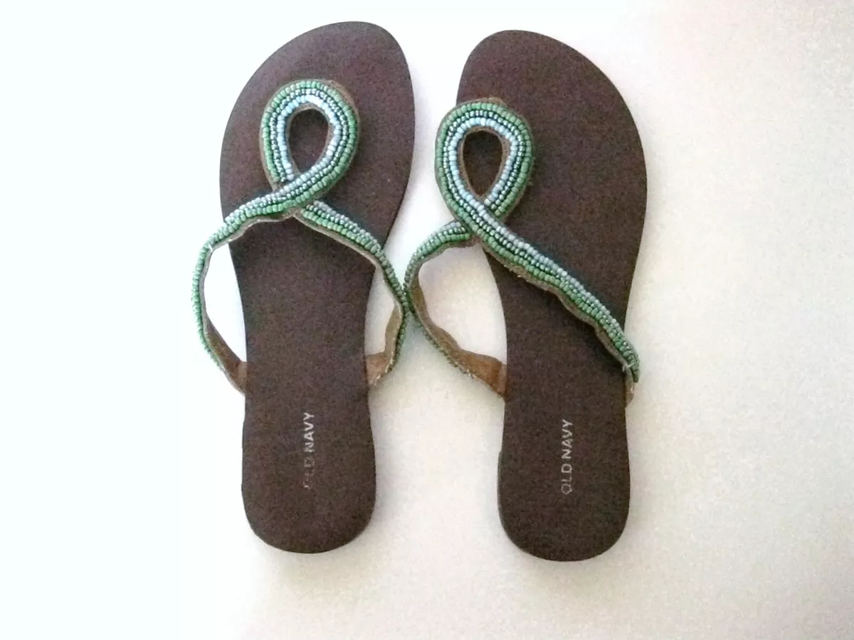 Old Navy Womens Flip Flop Sandals Size 6 M Blue Silver Green Beads CUTE sb