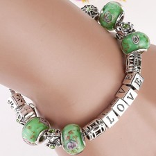 Nuevo Pulsera Love Mujer Plata Amistad Cuentas Verdes Dijes Aleación Regalo para Niña