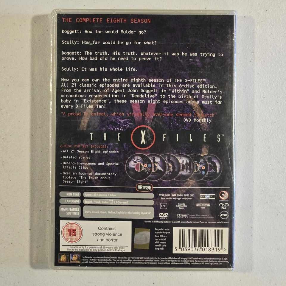The X-Files - Season 8 DVD 2001-02 TV HORROR SCI-FI - REGION 2 PAL - BRAND NEW - Image 2 of 3