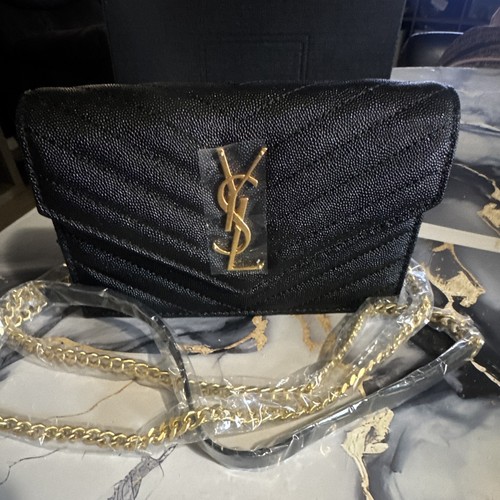 Saint Laurent Black Quilted Chain Wallet/Clutch with Gold Logo
