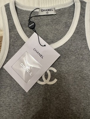 CHANEL Gray White Logo Knit Cotton Women's Sleeveless Tank Top
