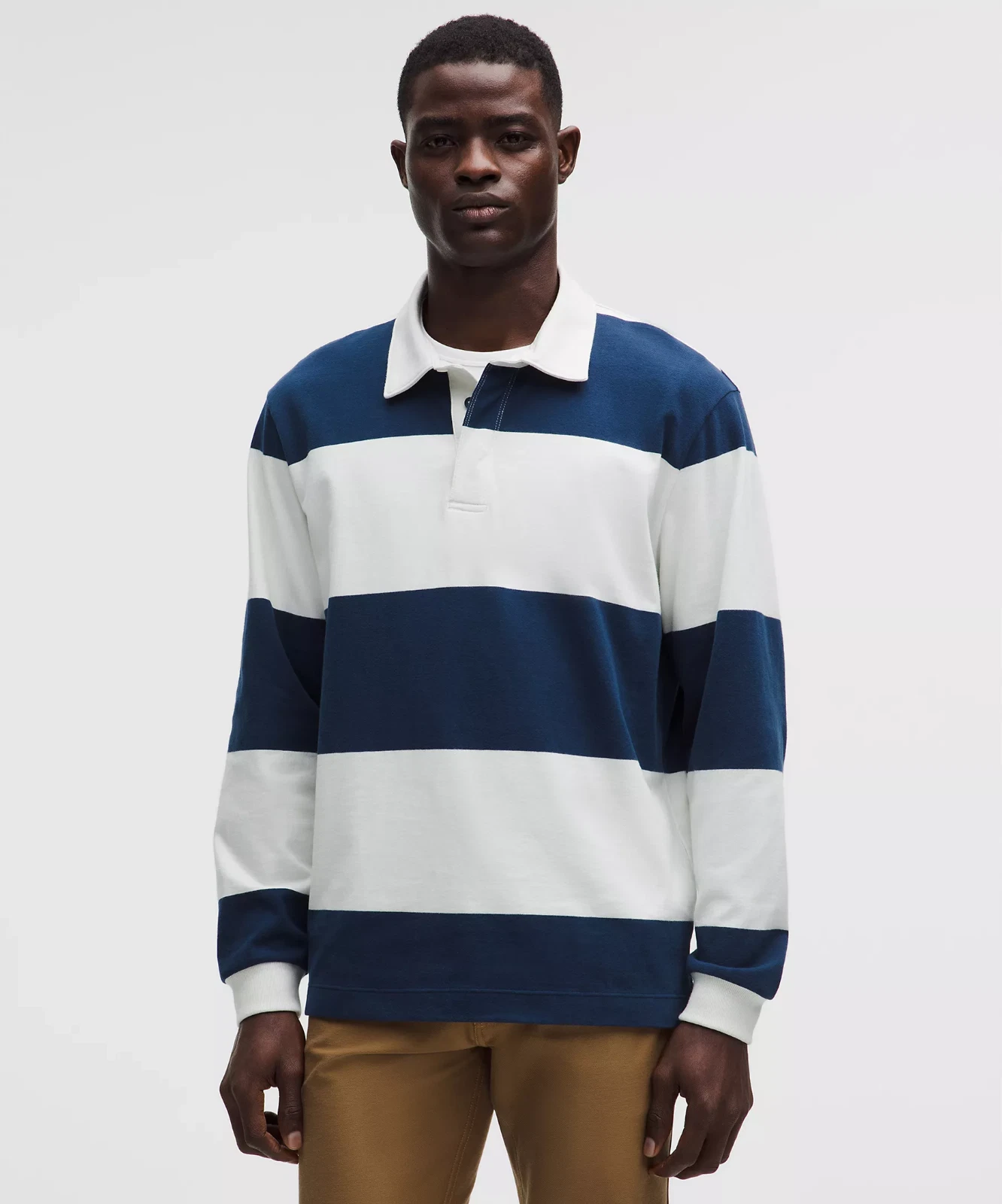 Lululemon Long-Sleeve Rugby Polo Shirt Men's XXL Wide Striped Blue Ivory LM3GCHS