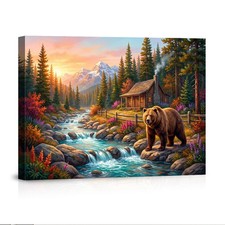 Colorful Bear Mountain River Forest Canvas Wall Art Woodland Cabin Scene Decor