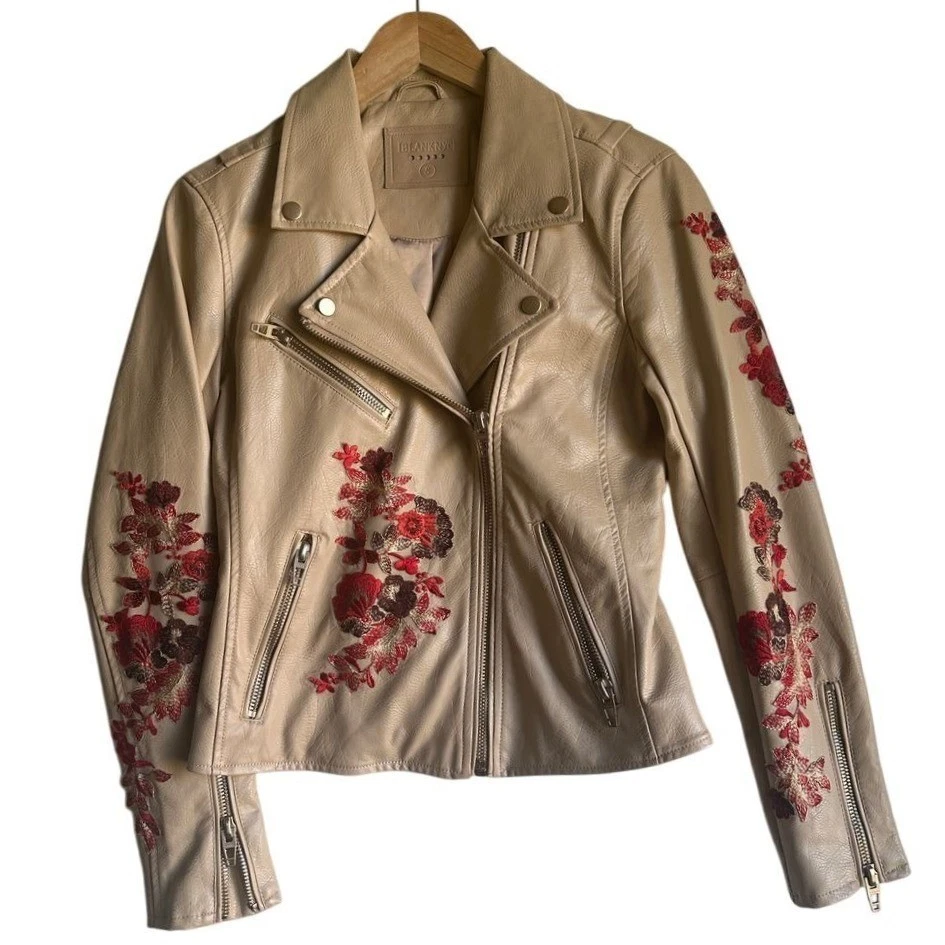BLANK NYC Moto Jacket Faux Leather Floral Embroidered Boho Tan Small NWOT - Image 4 of 4